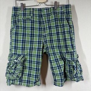 Gap Kids Boys Cargo Shorts 14 Husky Green Plaid Casual Preppy Classic Utility